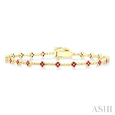 1 MM Round Cut Ruby Clover and Bead Ball Link Precious Tennis Bracelet in 14K Yellow Gold